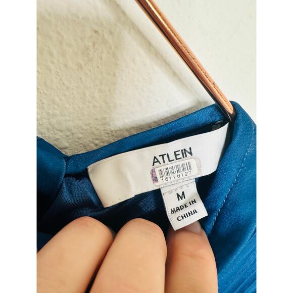 ATLEIN X RTR Navy Blue Plisse Tie Neck Sleeveless Side Slit Midi Dress Size M - Picture 8 of 16